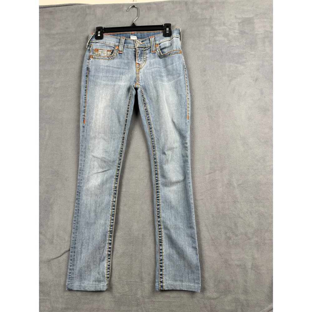True Religion Slim Straight Jeans Light Wash Orange Stitch Y2K Denim Size 26